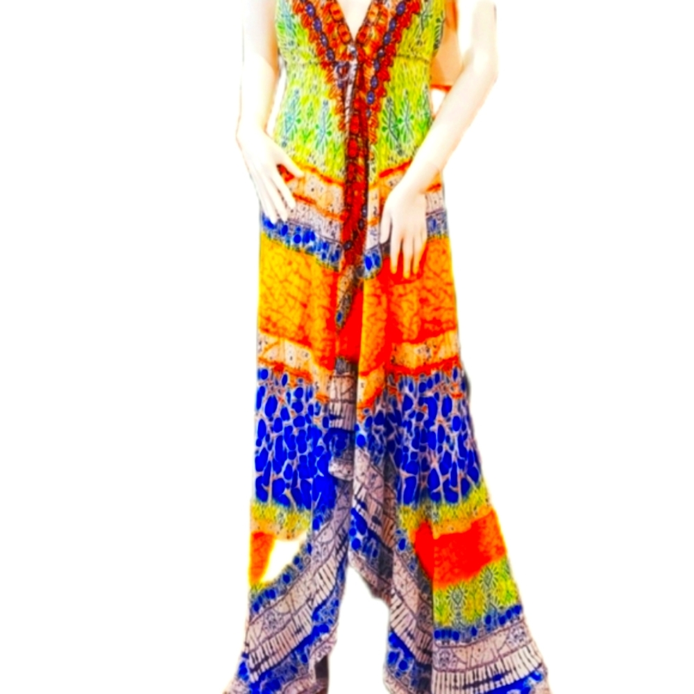 *LAST ONE**MANISH VAID-SILK Geo Prt. Hi-Lo Dress w/Cry.Emb.-NWT-O/S